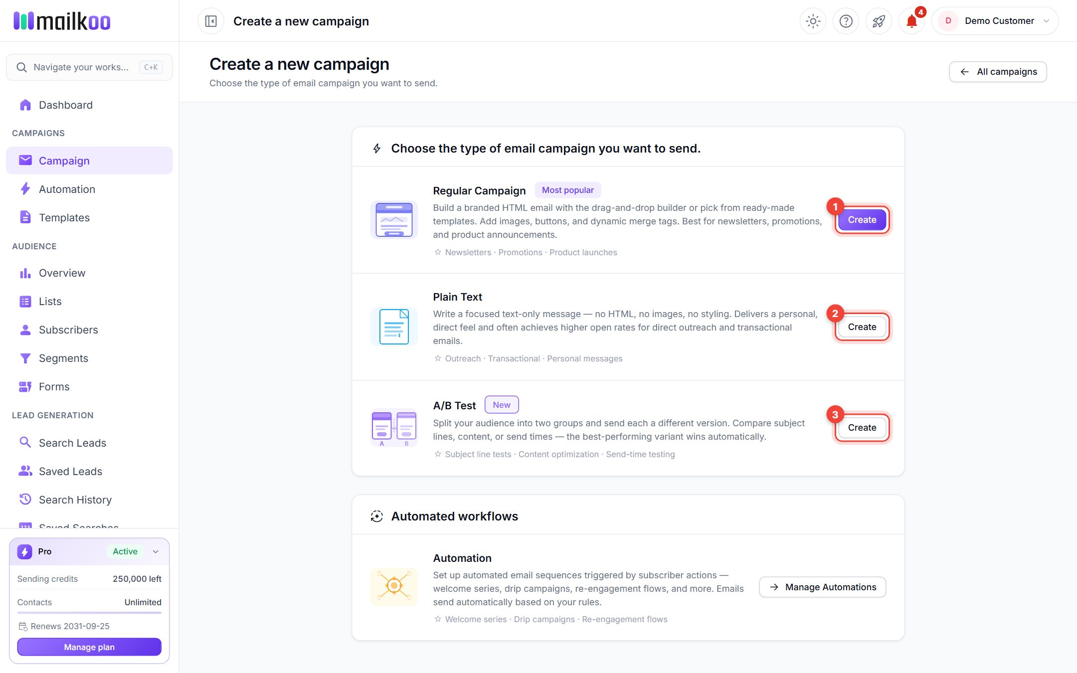 Create a new campaign page with the Regular Campaign, Plain Text and A/B Test options
