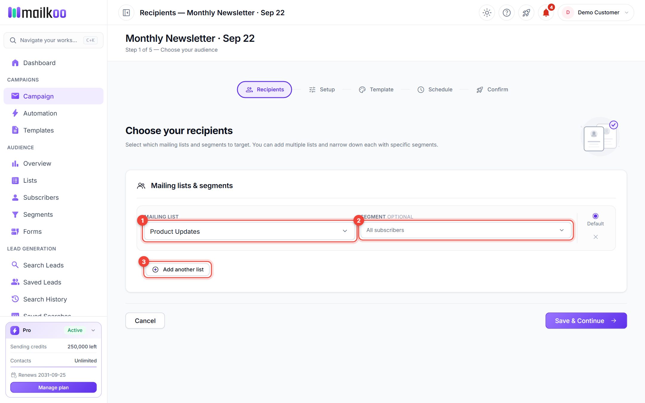 Recipients step with the Mailing list, Segment and Add another list controls highlighted