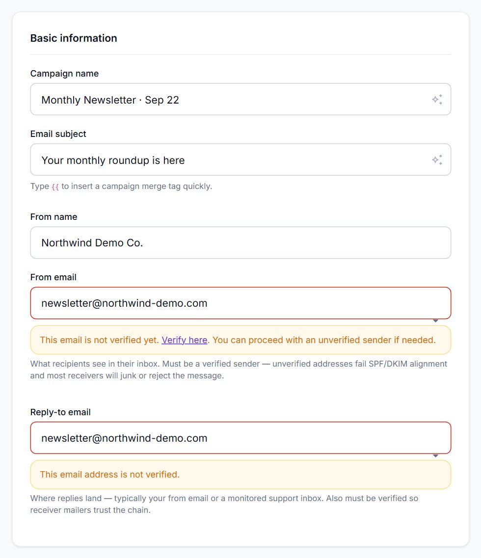 Basic information card with campaign name, subject, from name, from email and reply-to fields