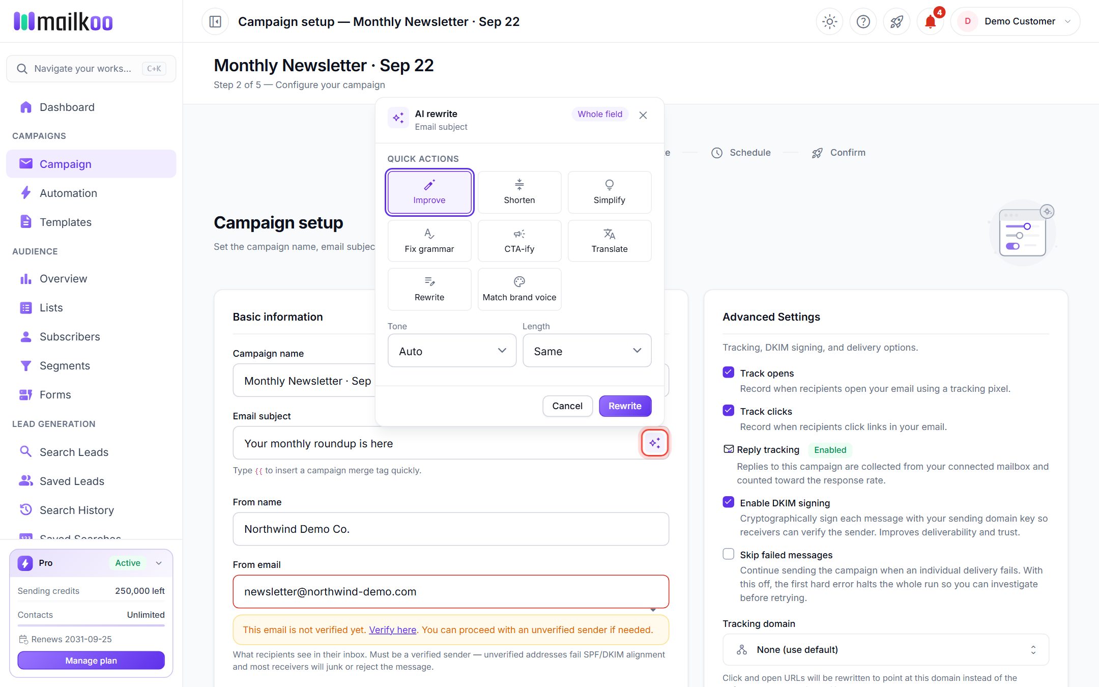 AI rewrite panel open over the email subject field with quick actions