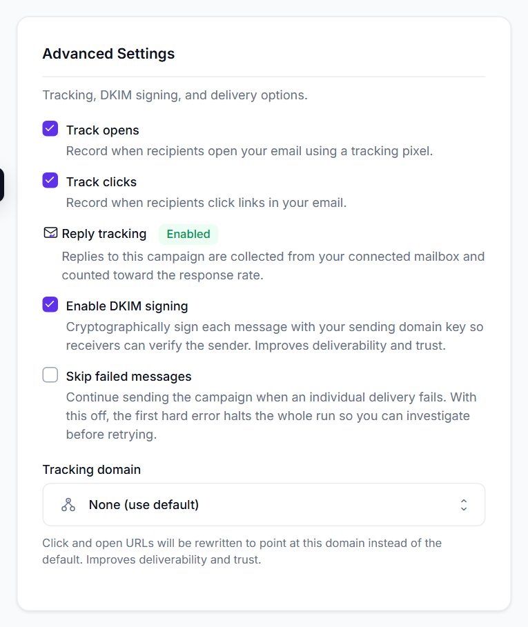 Advanced Settings card with tracking, DKIM, skip failed messages and tracking domain options