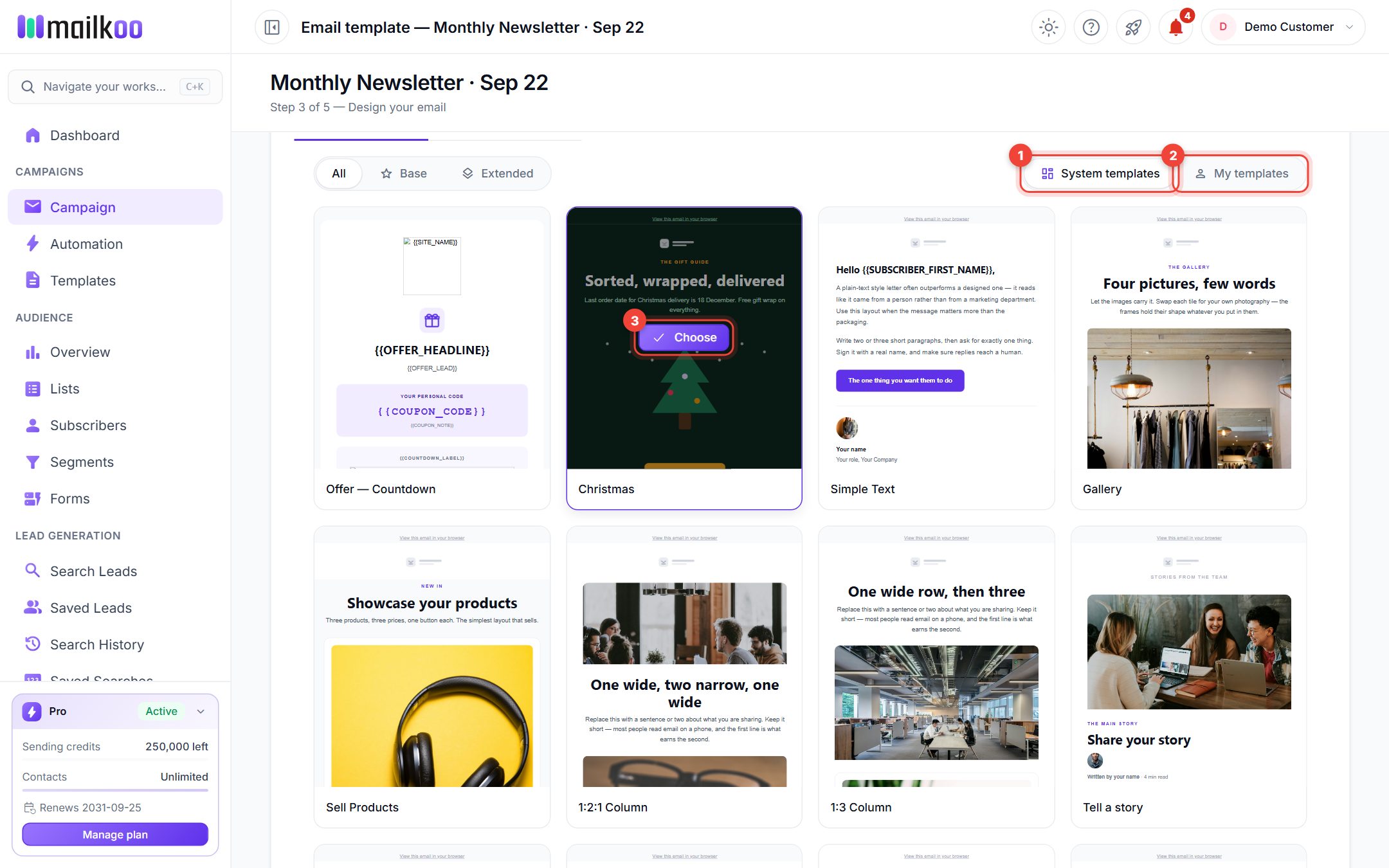 Template gallery with System templates, My templates and a Choose button on a design