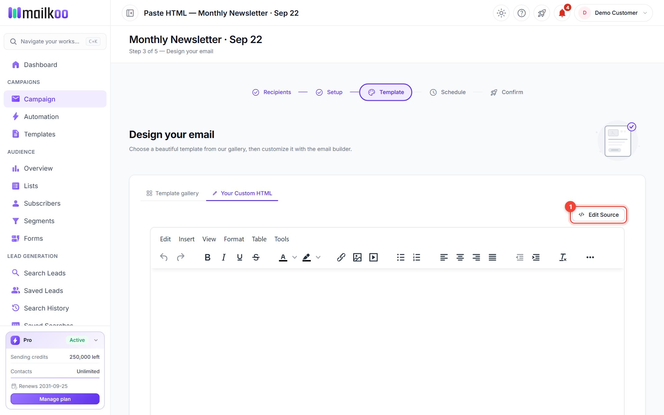 Your Custom HTML tab with the Edit Source button highlighted