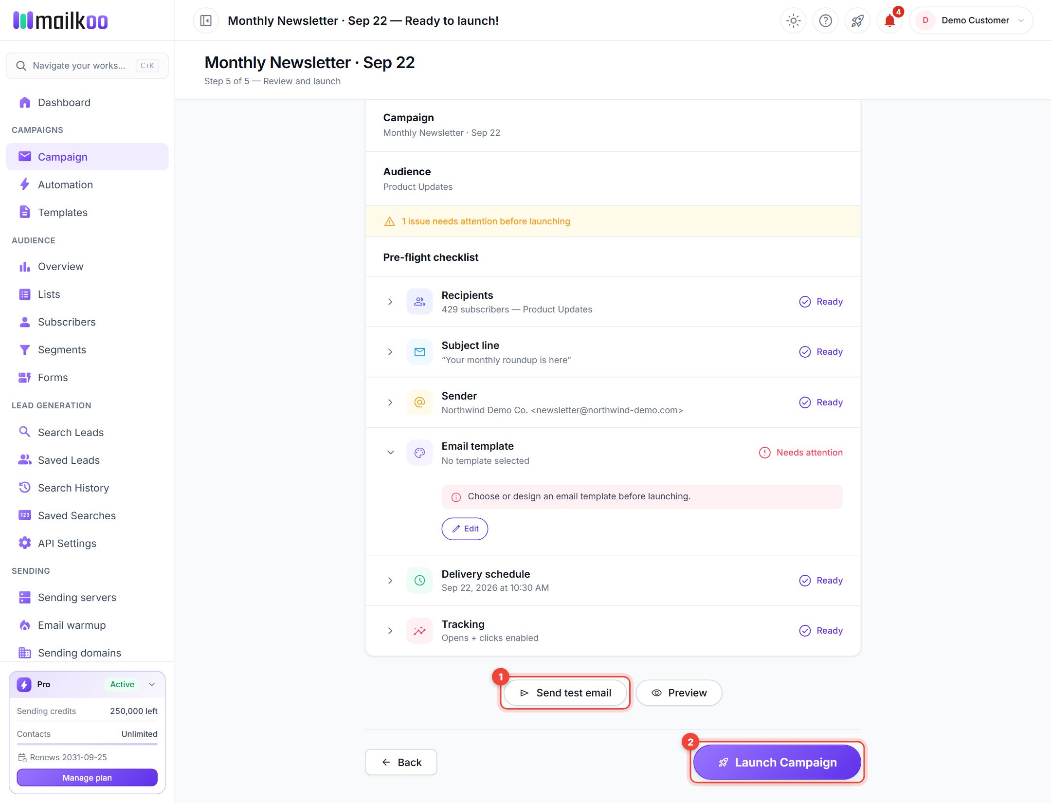 Confirm step with the pre-flight checklist, Send test email and Launch Campaign buttons