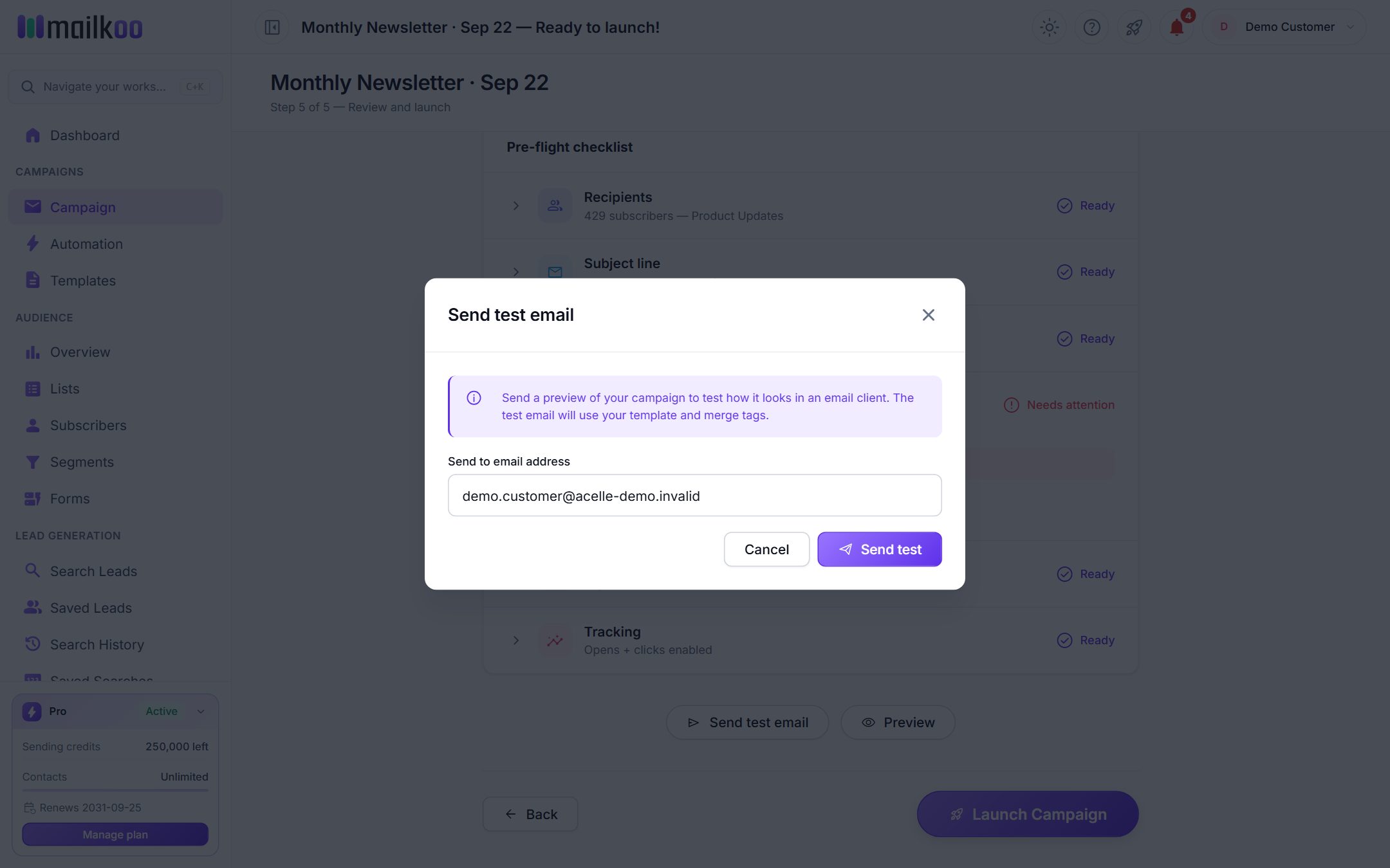 Send test email dialog with an email address field and a Send test button