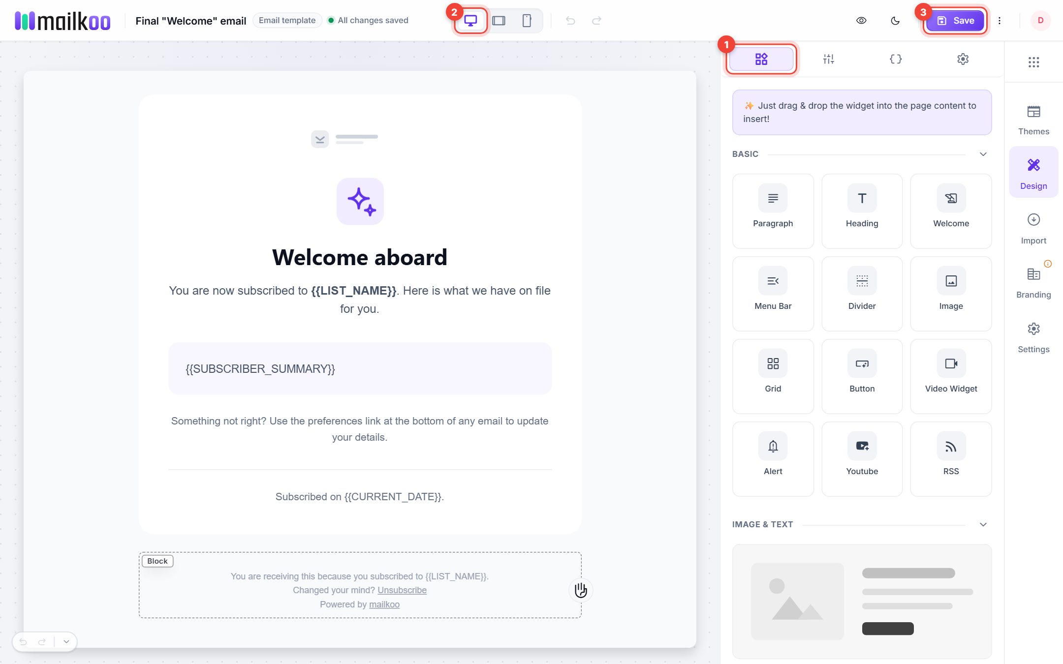 Drag-and-drop email builder with the widgets panel, device buttons and Save button highlighted