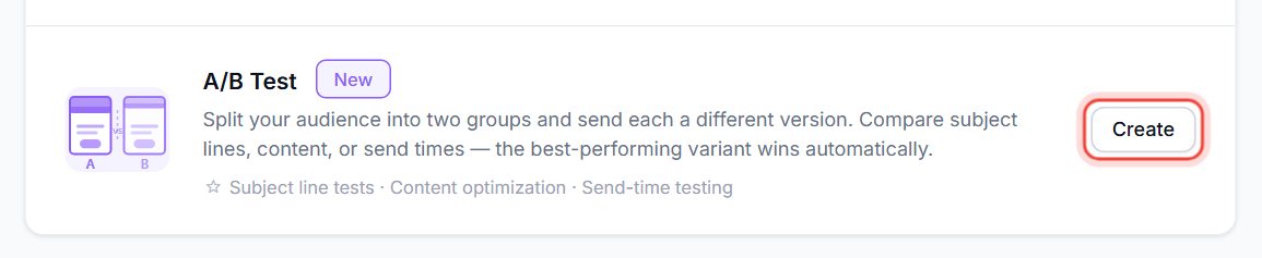 The A/B Test option on the Create a new campaign page with its Create button highlighted