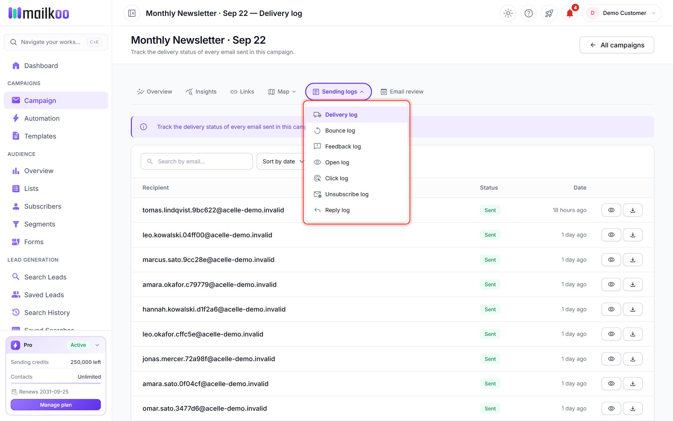 Sending logs menu open showing the available logs