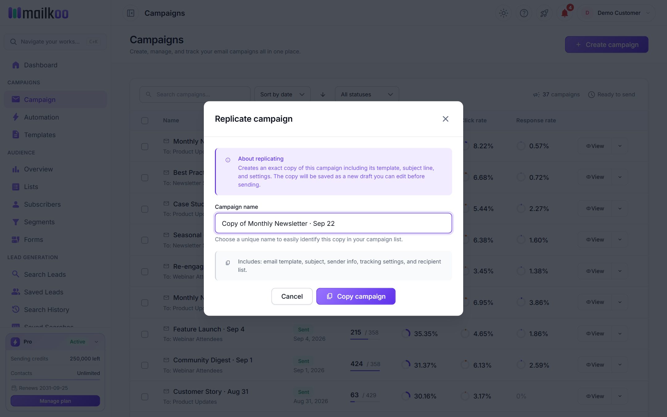 Replicate campaign dialog with the new campaign name