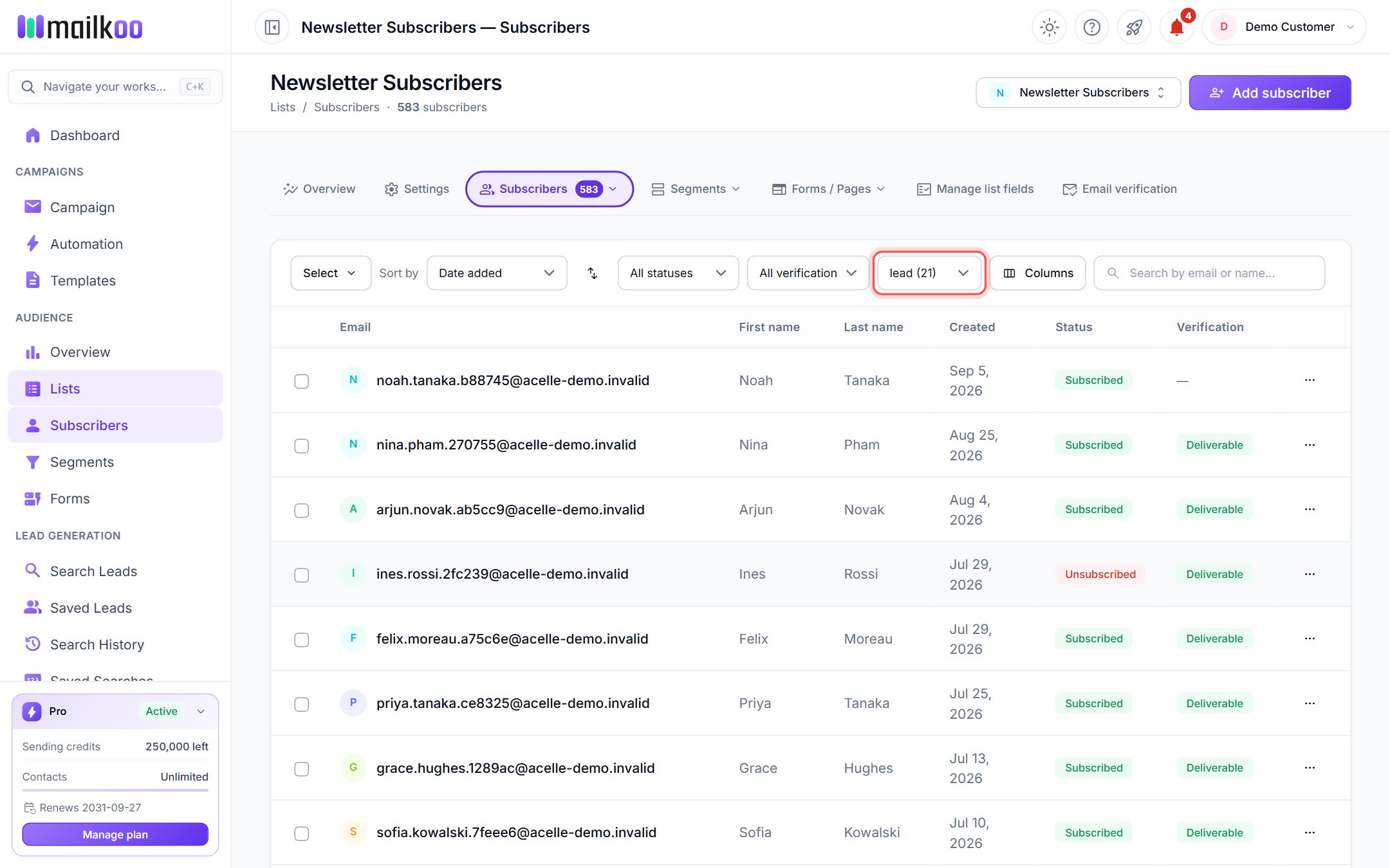 Subscriber table filtered by the lead tag with the All tags filter highlighted