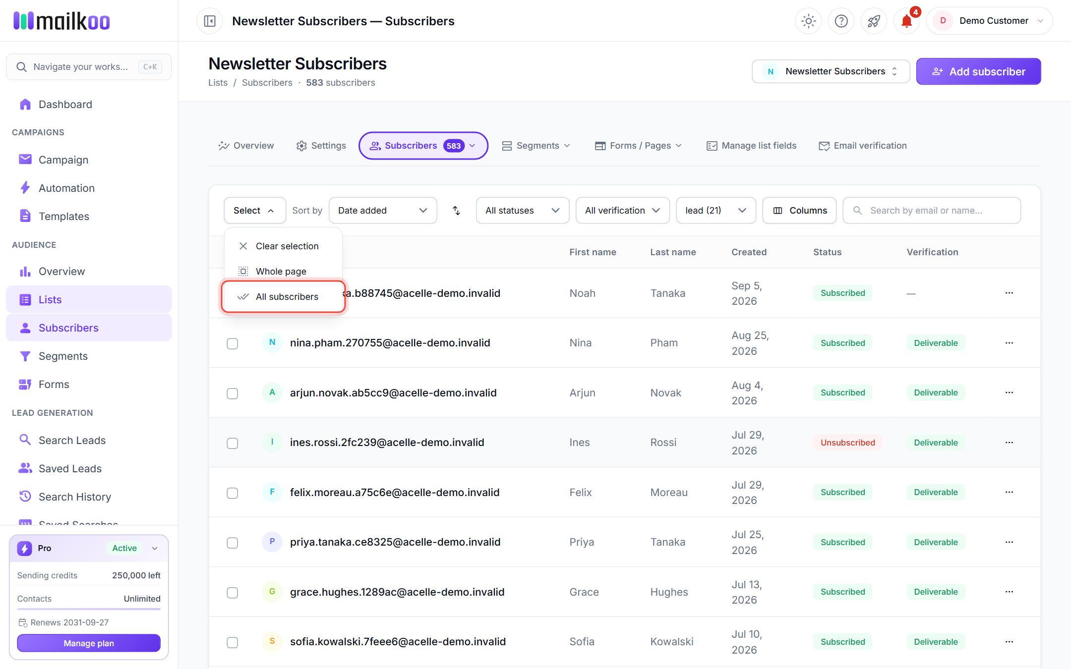 The Select menu open on a tag-filtered list with All subscribers highlighted