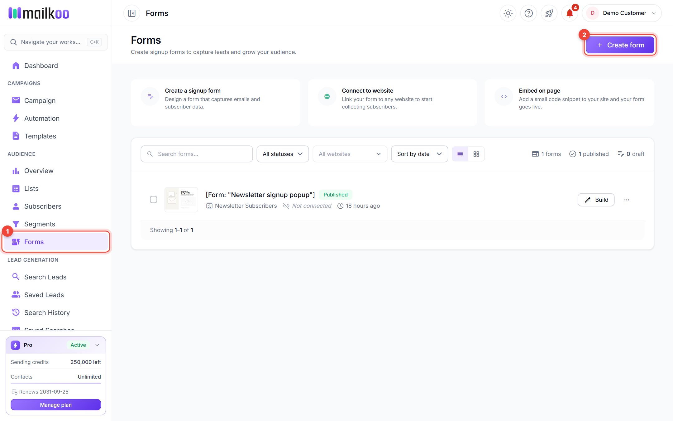 The Forms page with the Forms menu item and the Create form button highlighted