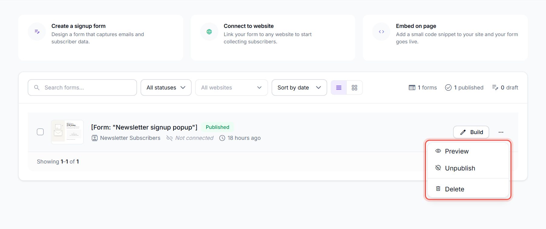 The row menu of a form showing Preview, Unpublish and Delete