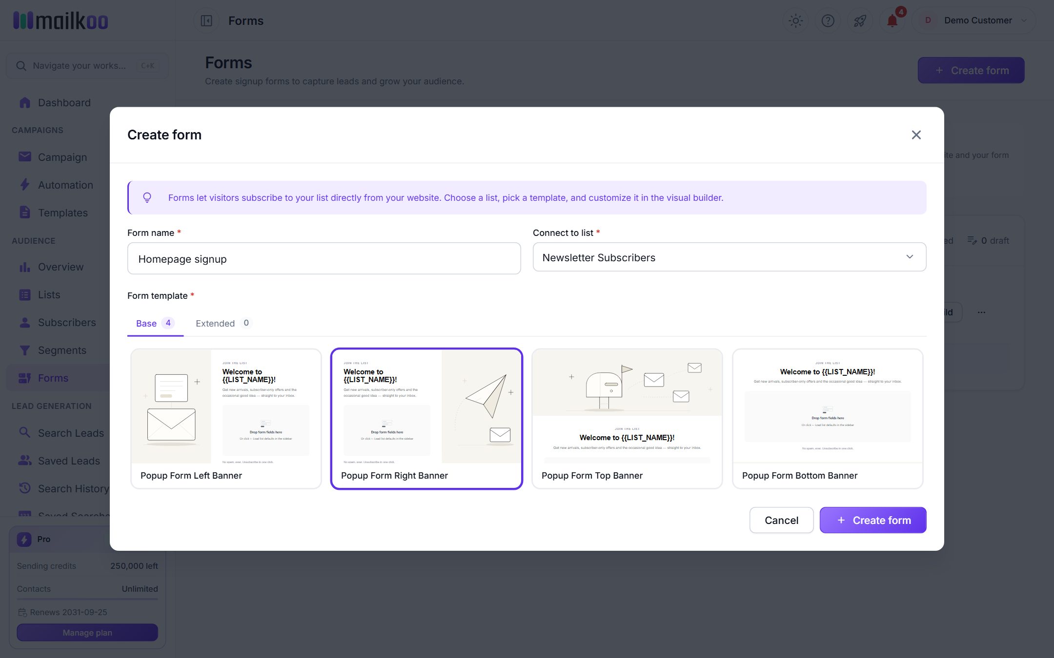The Create form dialog with a name, the Newsletter Subscribers list and a template selected