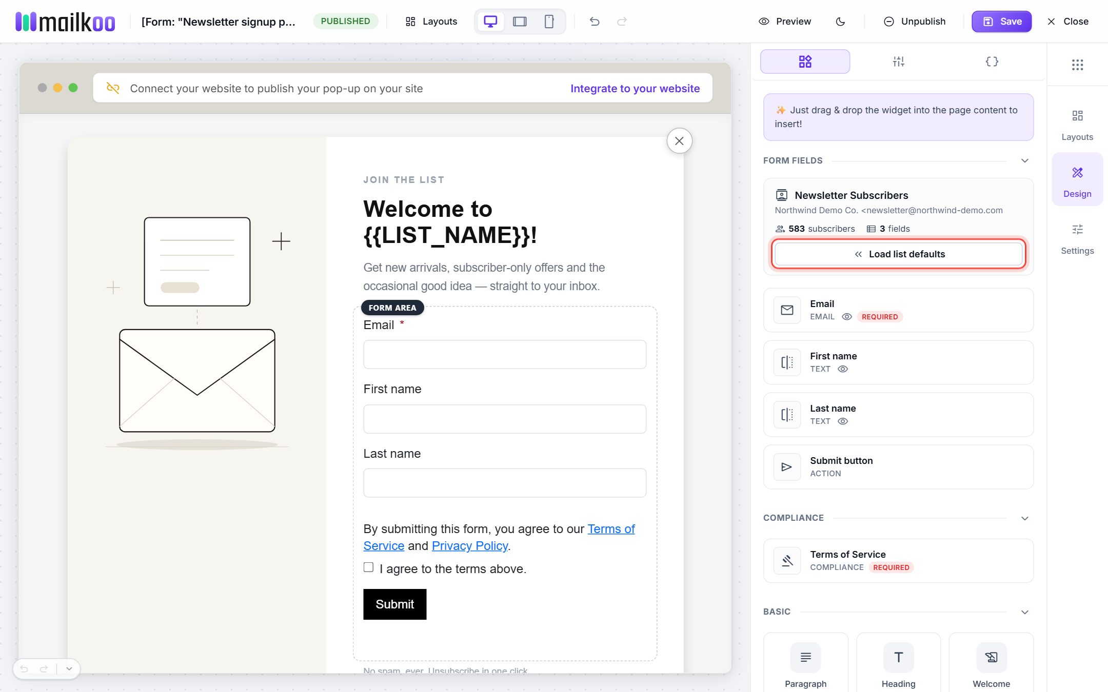 The builder after Load list defaults, with Email, First name, Last name, a terms checkbox and a Submit button in the form area