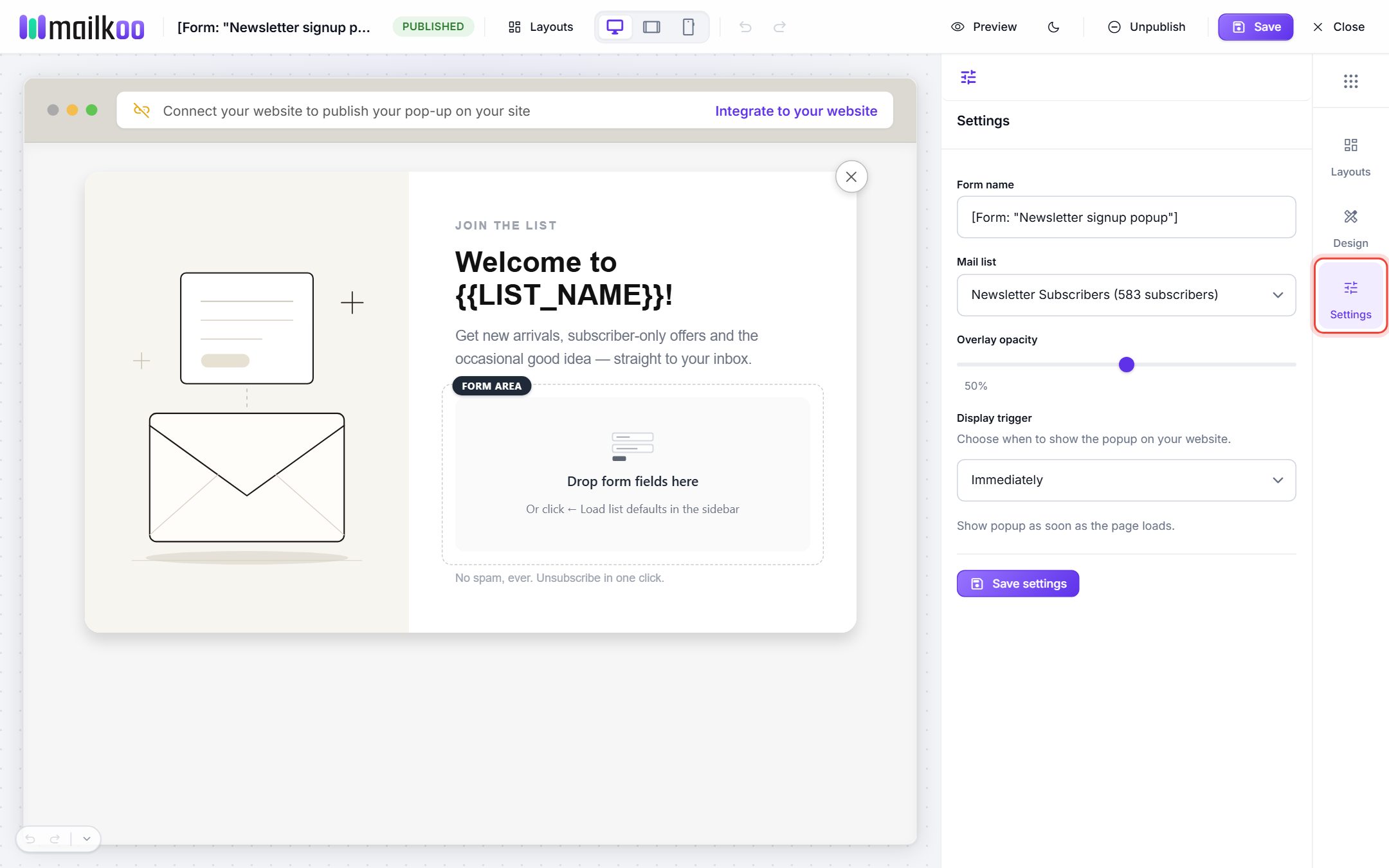 The form Settings panel with Form name, Mail list, Overlay opacity and Display trigger