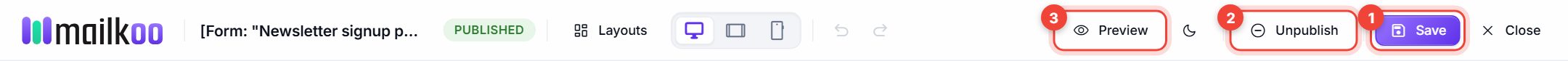 The builder top bar with Save, Unpublish and Preview numbered