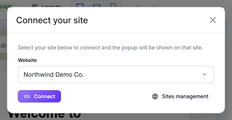 The Connect your site dialog with a website selected