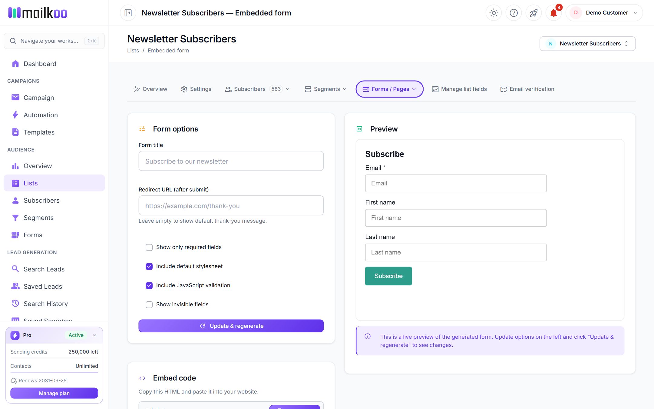 The Embedded form page with form options and a live preview