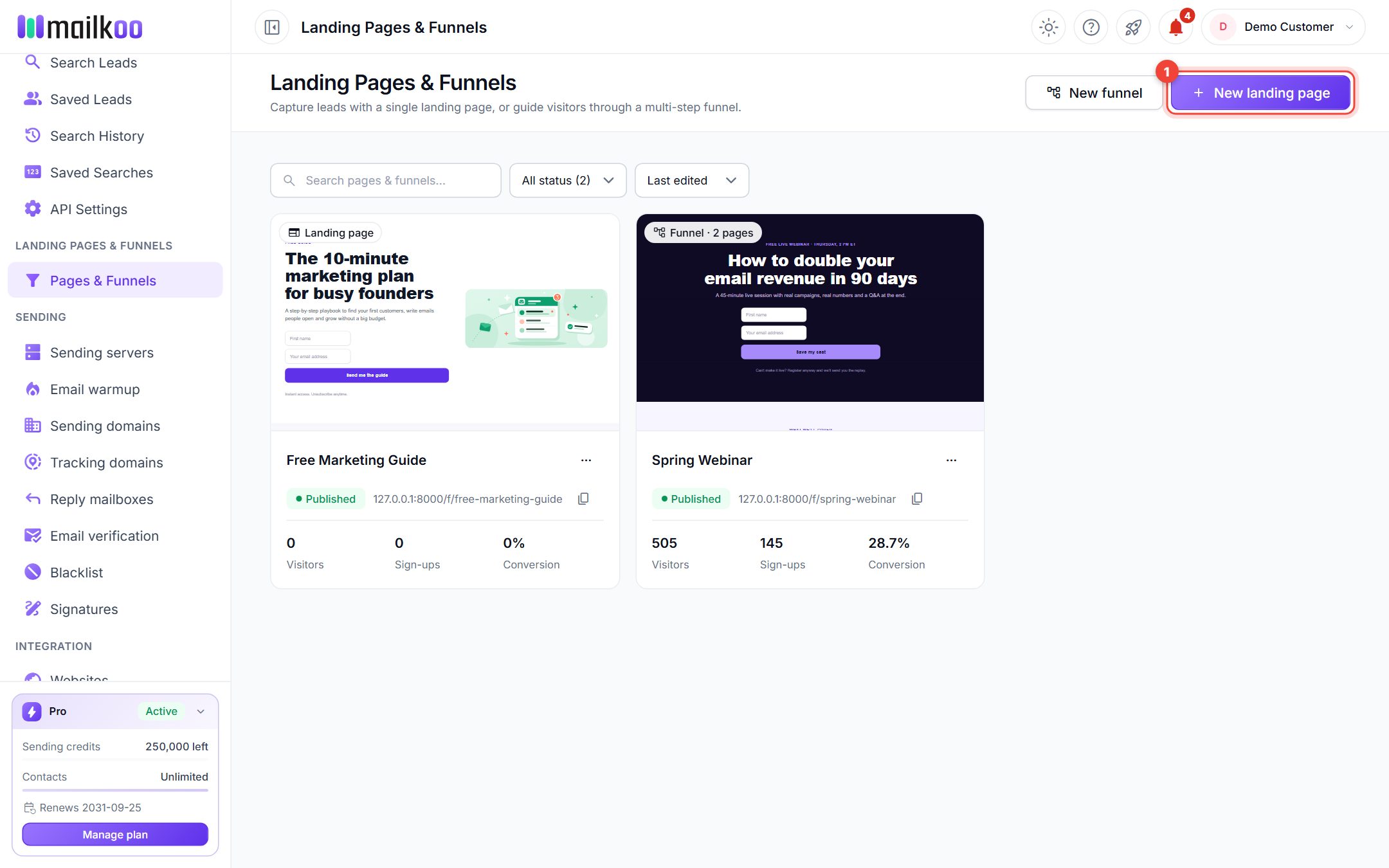 Landing pages list with two cards and the New landing page button numbered 1