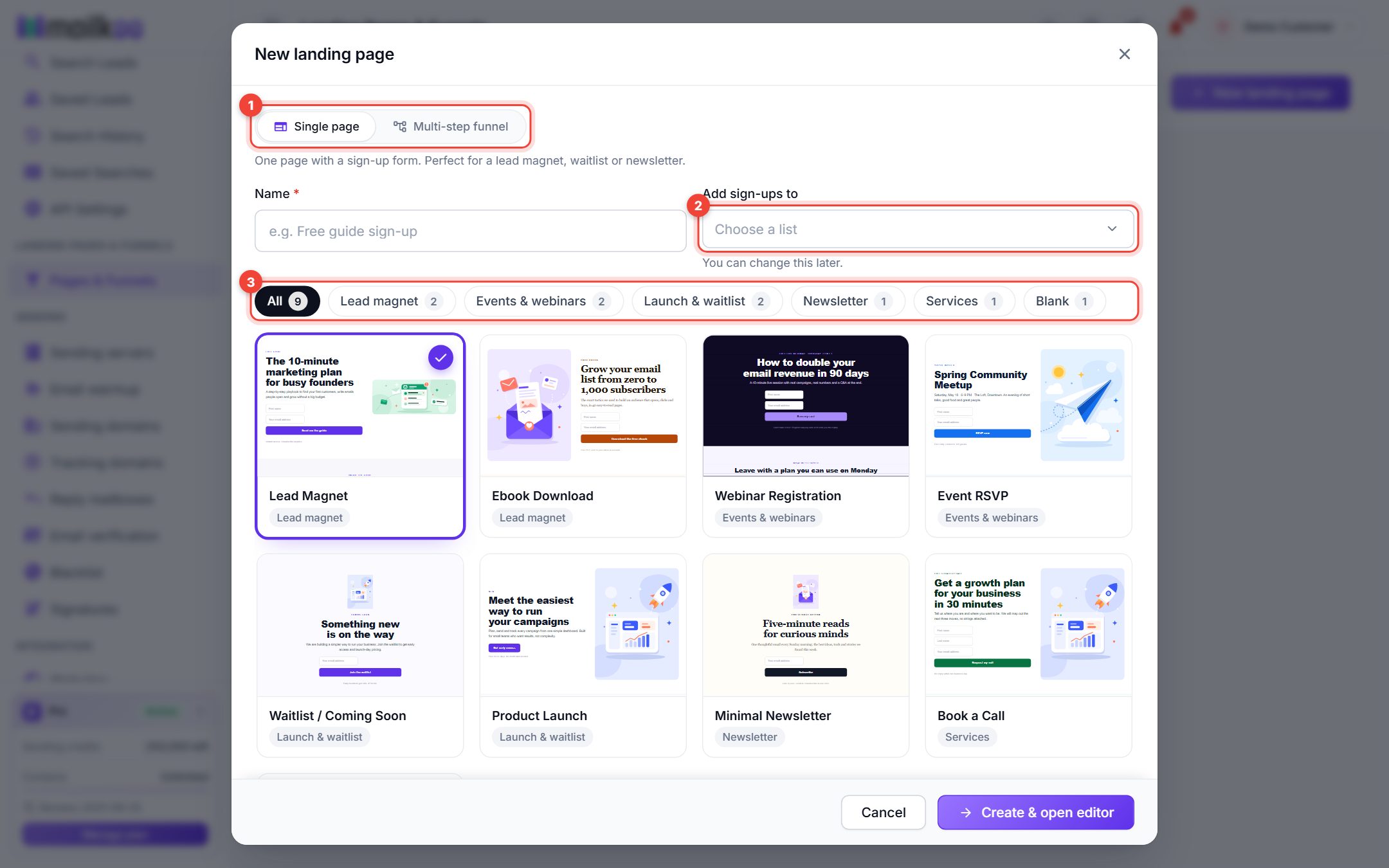 New landing page window with page type, list and design filters numbered 1 to 3