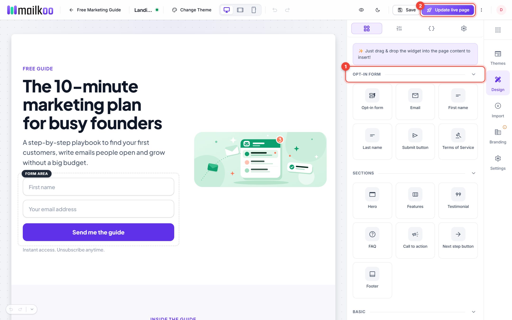 Page editor with the Opt-in form widgets numbered 1 and the publish button numbered 2
