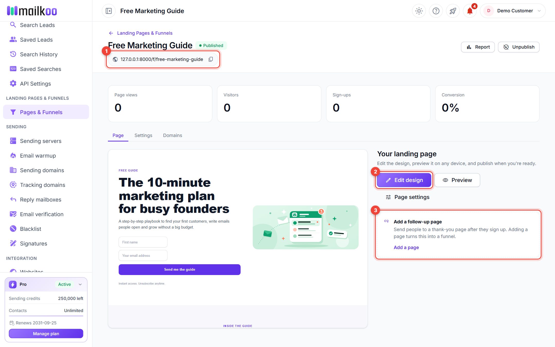 Landing page overview with the link, Edit design button and Add a page box numbered 1 to 3