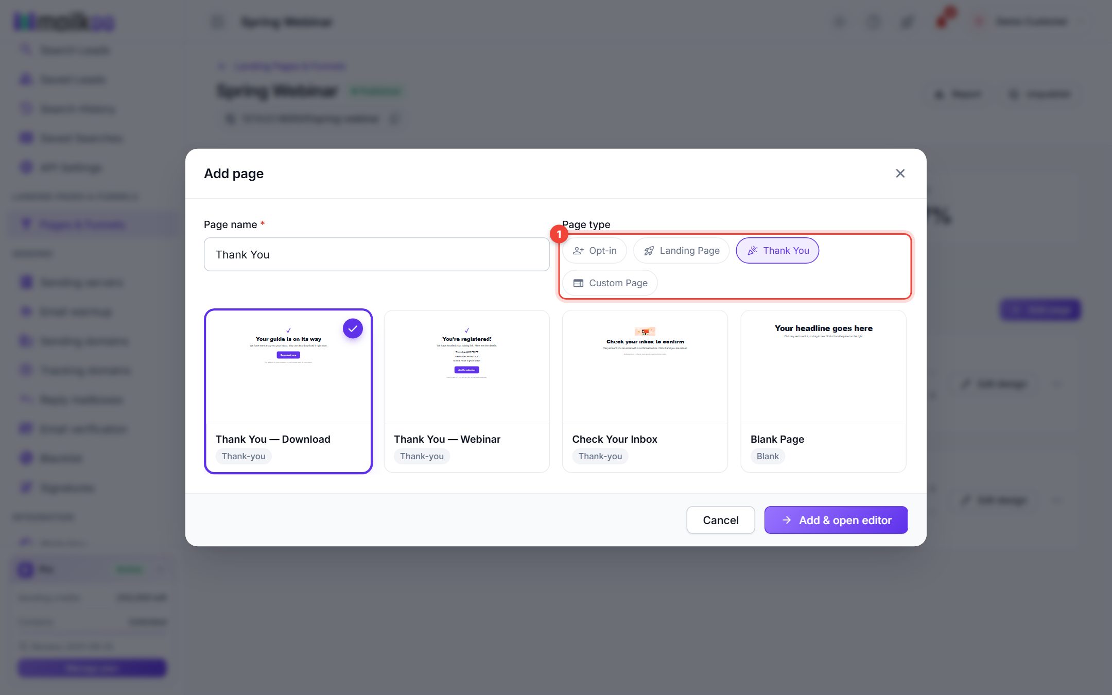 Add page window with the page type picker highlighted