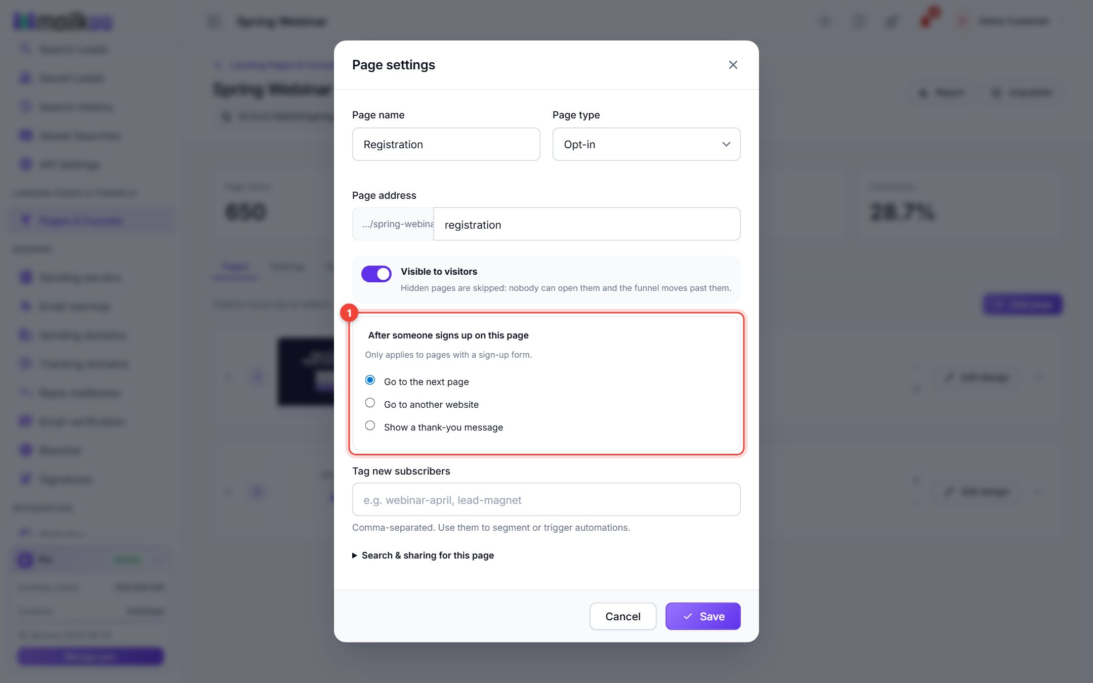 Page settings window with the after-sign-up options highlighted