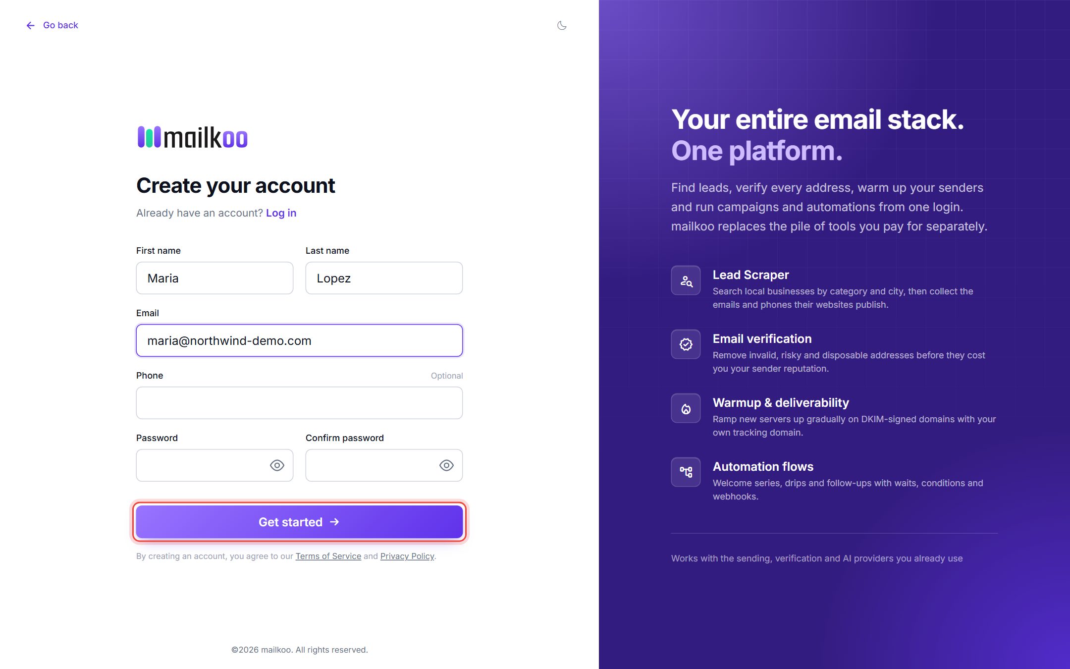 The Create your account form with the Get started button highlighted