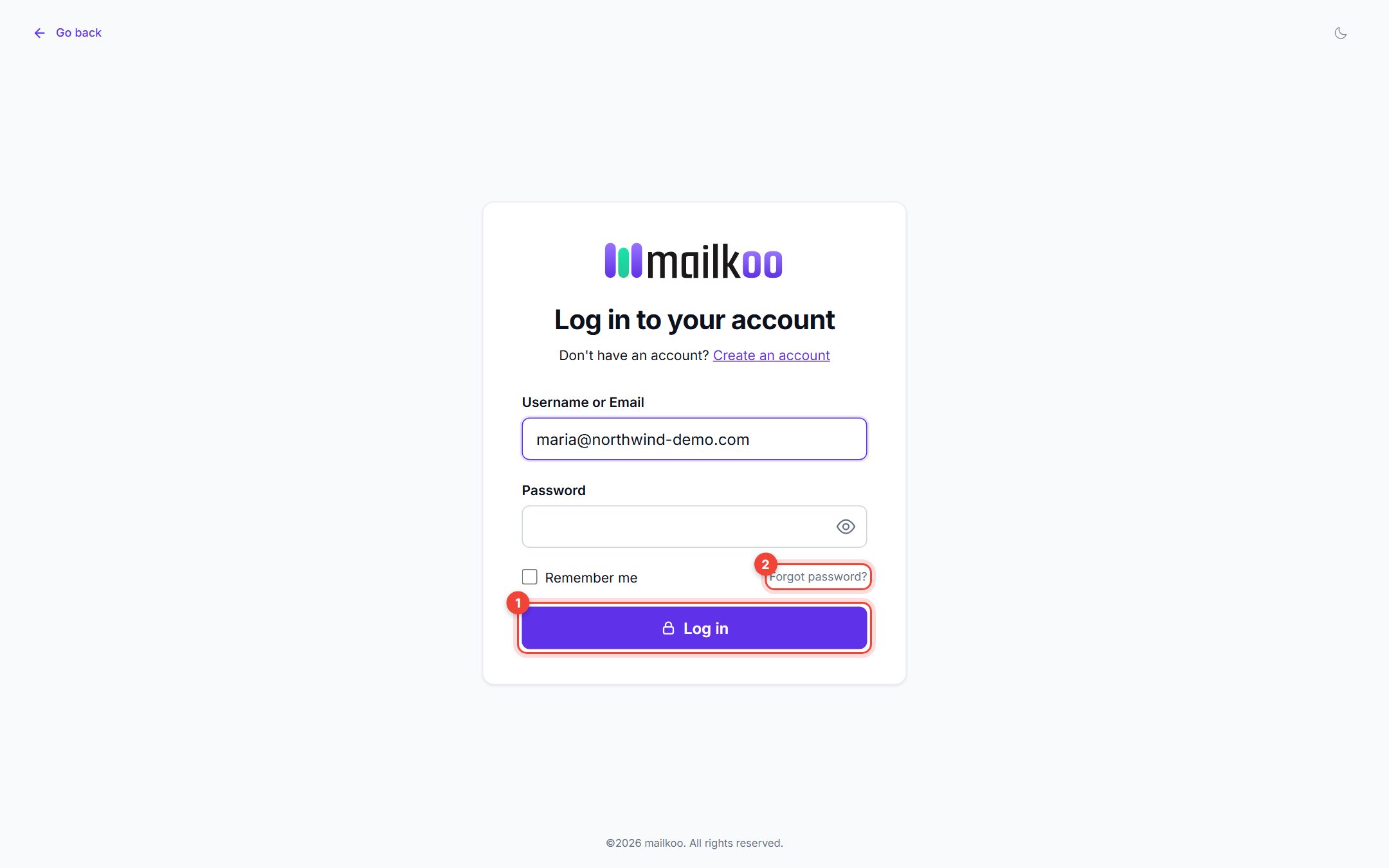 The Log in to your account page with the Log in button and Forgot password link highlighted