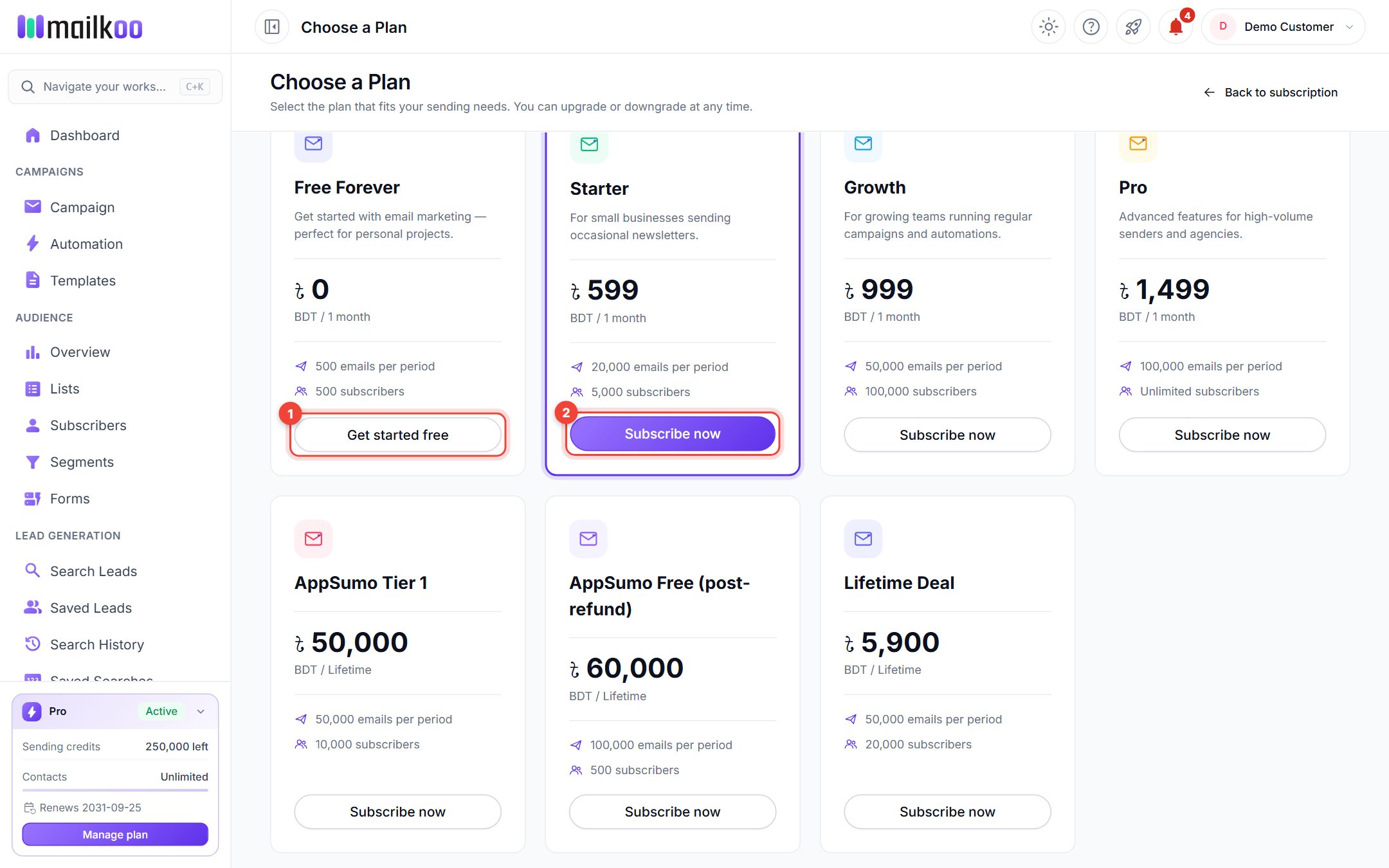The Choose a Plan page with the Get started free and Subscribe now buttons highlighted