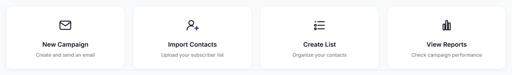 The New Campaign, Import Contacts, Create List and View Reports shortcuts