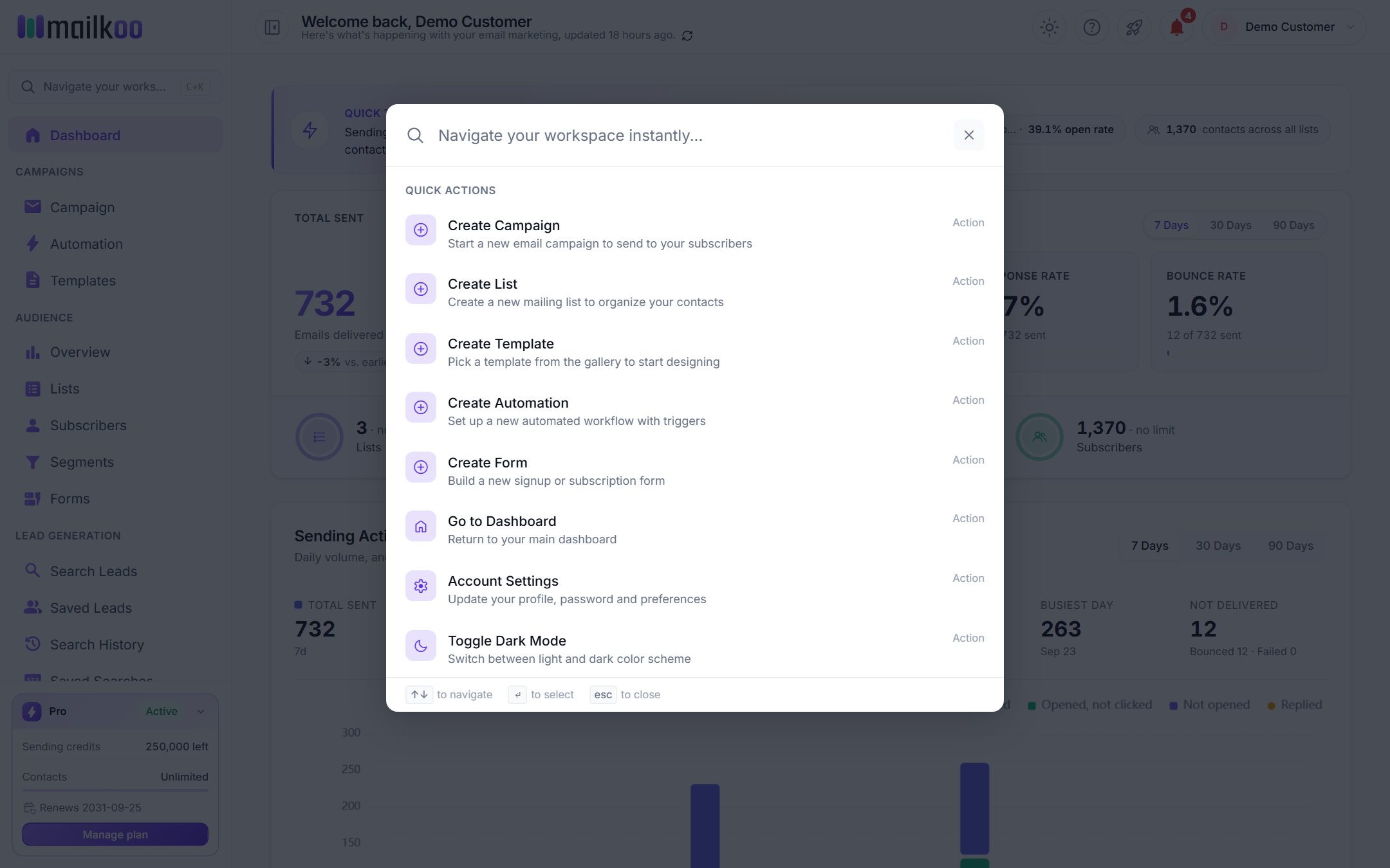 The search window open with the list of Quick Actions