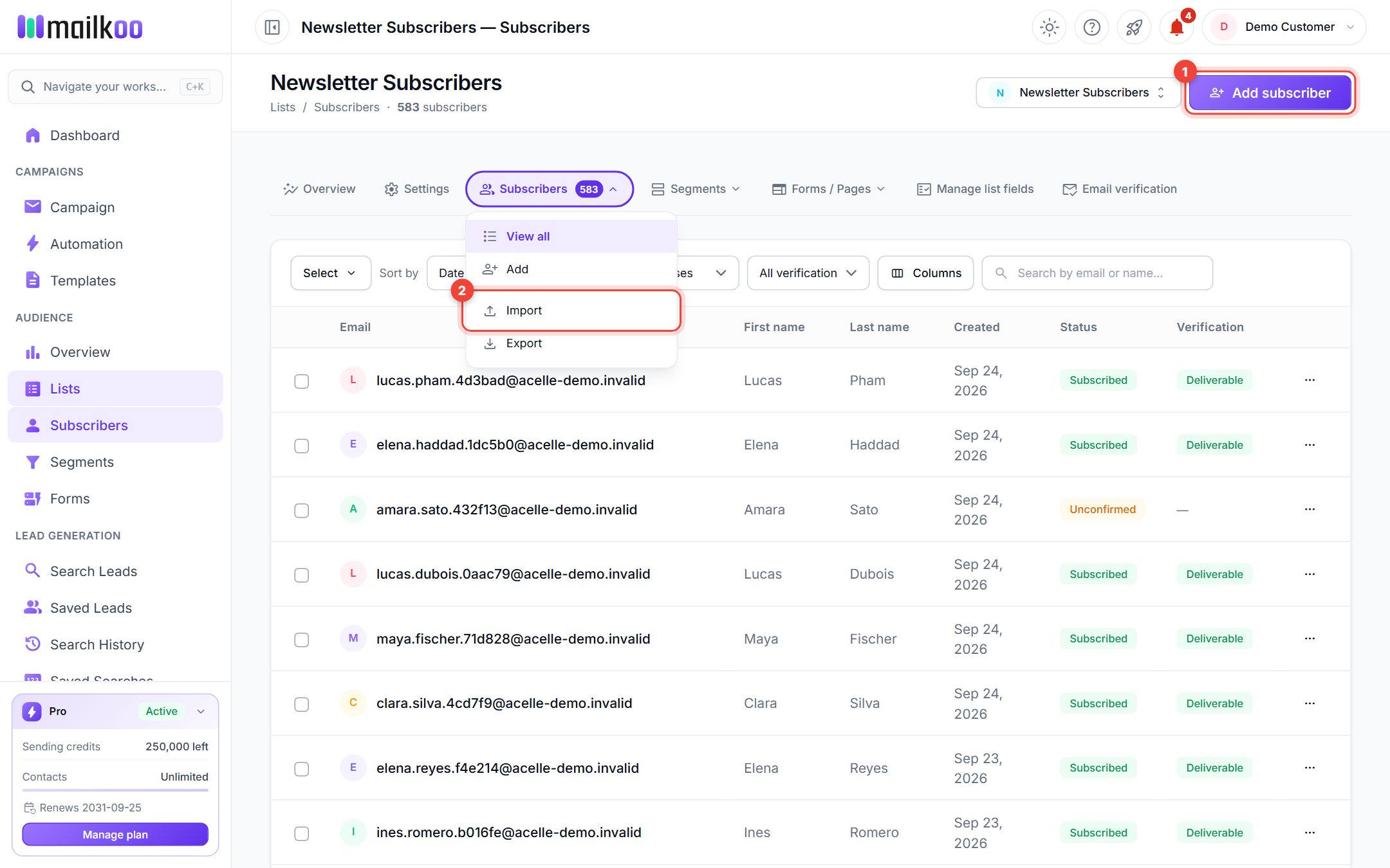 A list of subscribers with the Add subscriber button and the Import menu item highlighted
