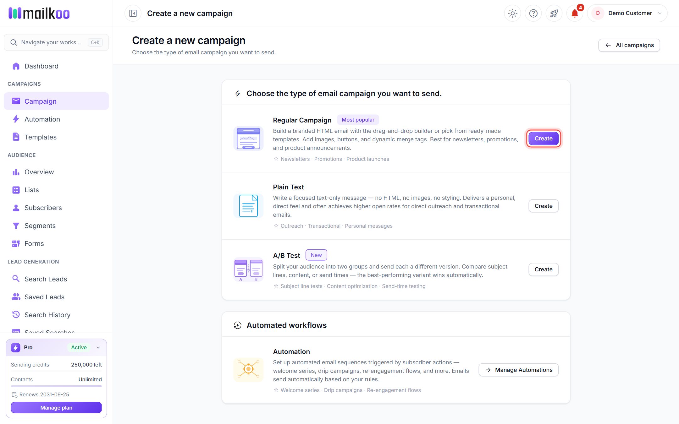 The Create a new campaign page with the Create button of Regular Campaign highlighted