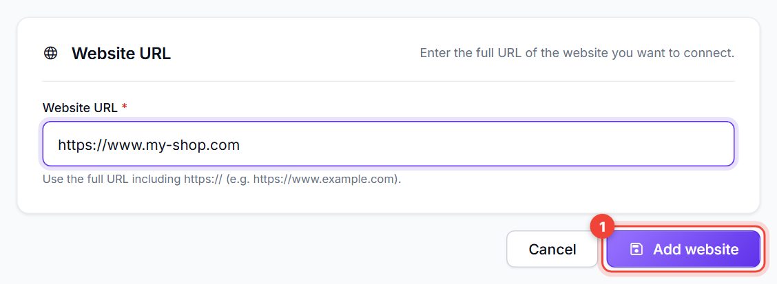 Add website form with a website URL filled in and the Add website button highlighted