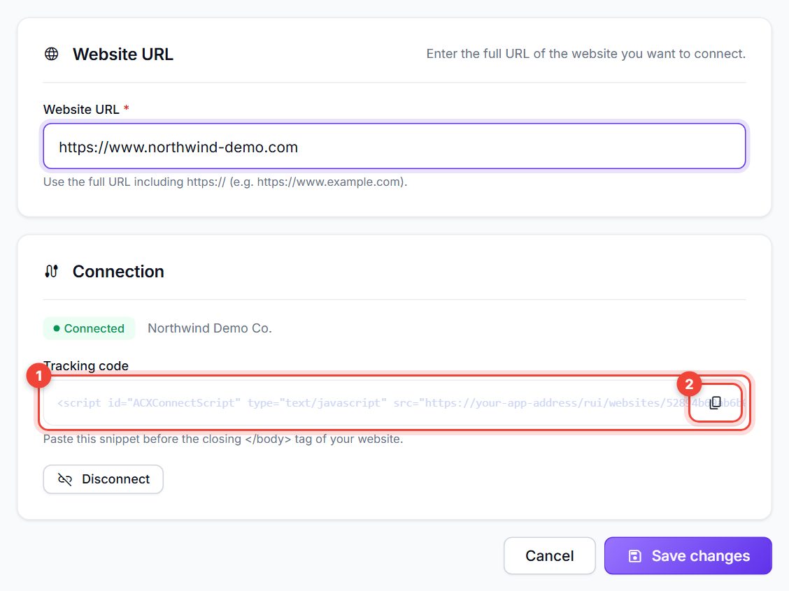 Website page with the tracking code and its copy button highlighted