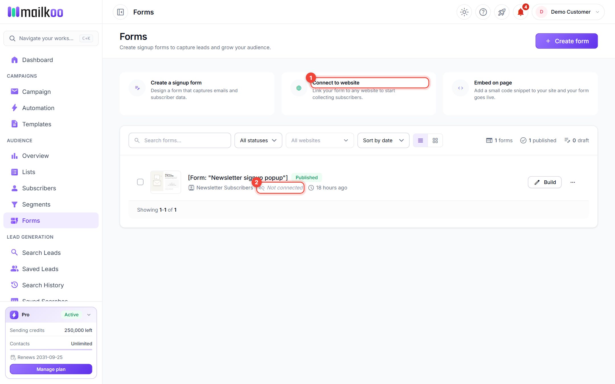 Forms page with the Connect to website card and a form marked Not connected highlighted