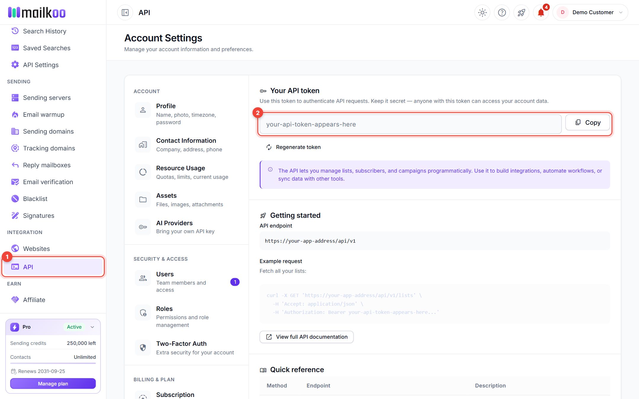API page with the API menu item and the token field highlighted; the token is hidden