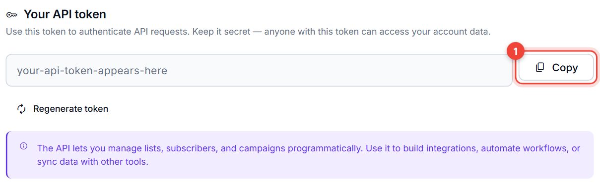 Your API token section with the Copy button highlighted; the token is replaced by a placeholder