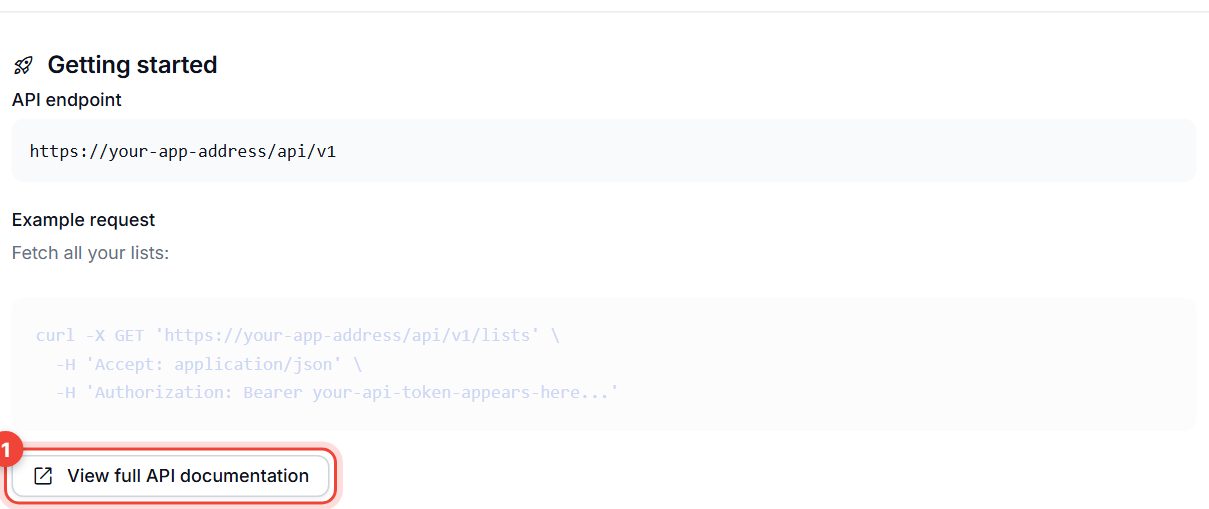 Getting started section with the API endpoint, the example request and the View full API documentation button highlighted