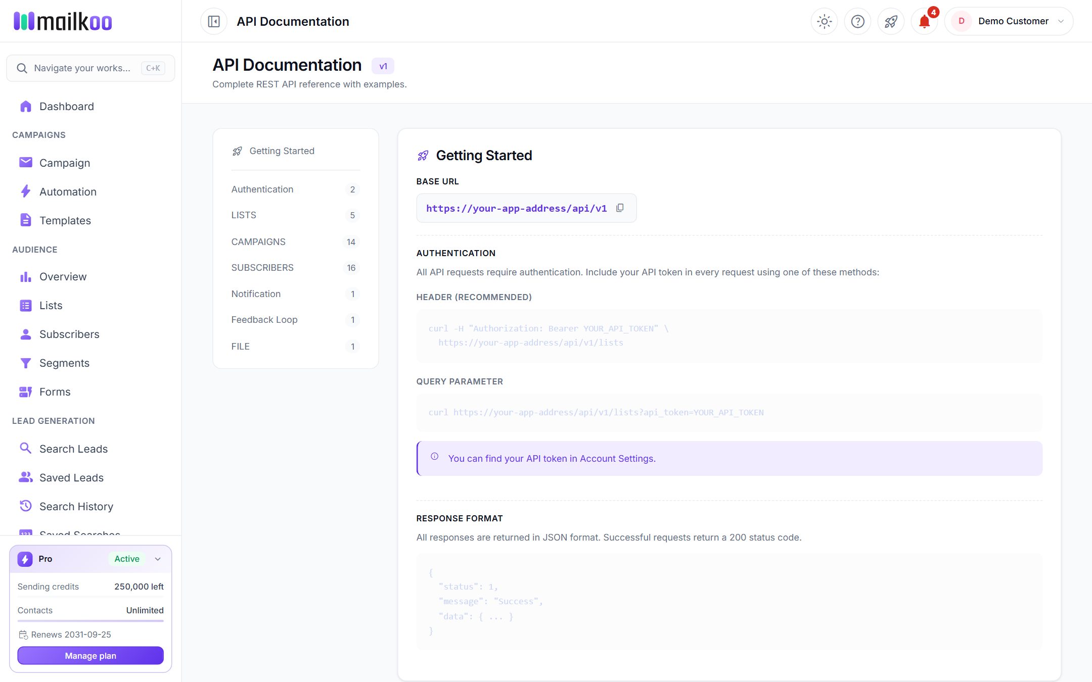 API Documentation page showing Base URL, Authentication and Response format