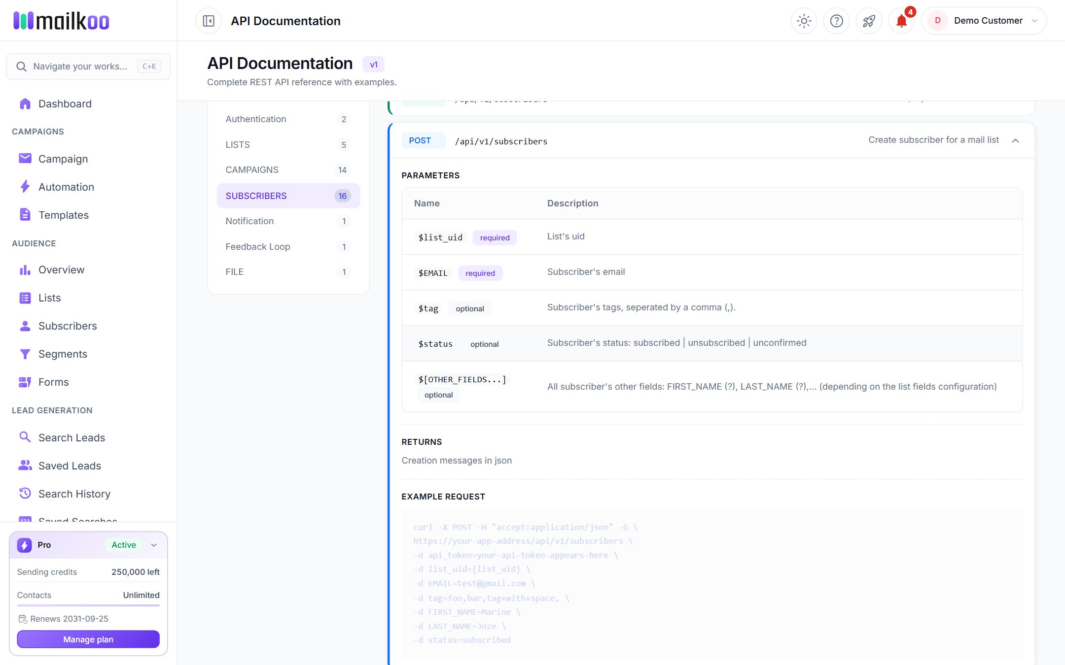 The POST /api/v1/subscribers endpoint expanded, with parameters and an example request