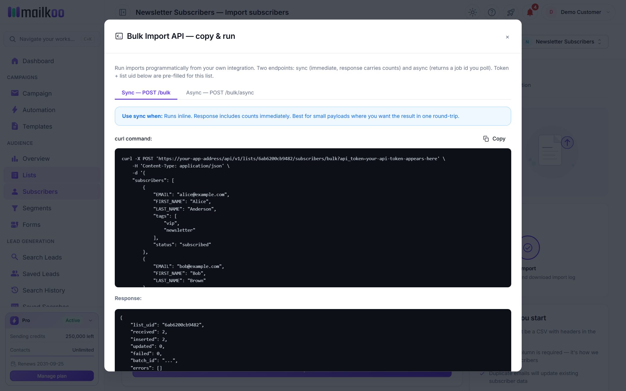 Bulk Import API panel with the Sync and Async tabs and a curl command; the token is replaced by a placeholder