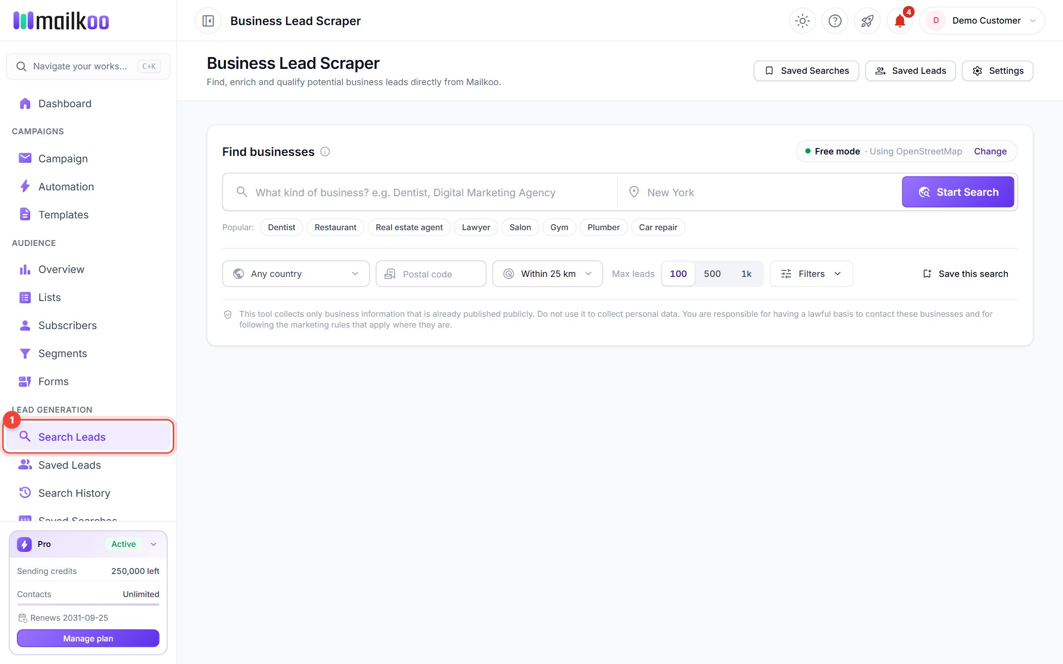 Business Lead Scraper page with Search Leads highlighted in the sidebar