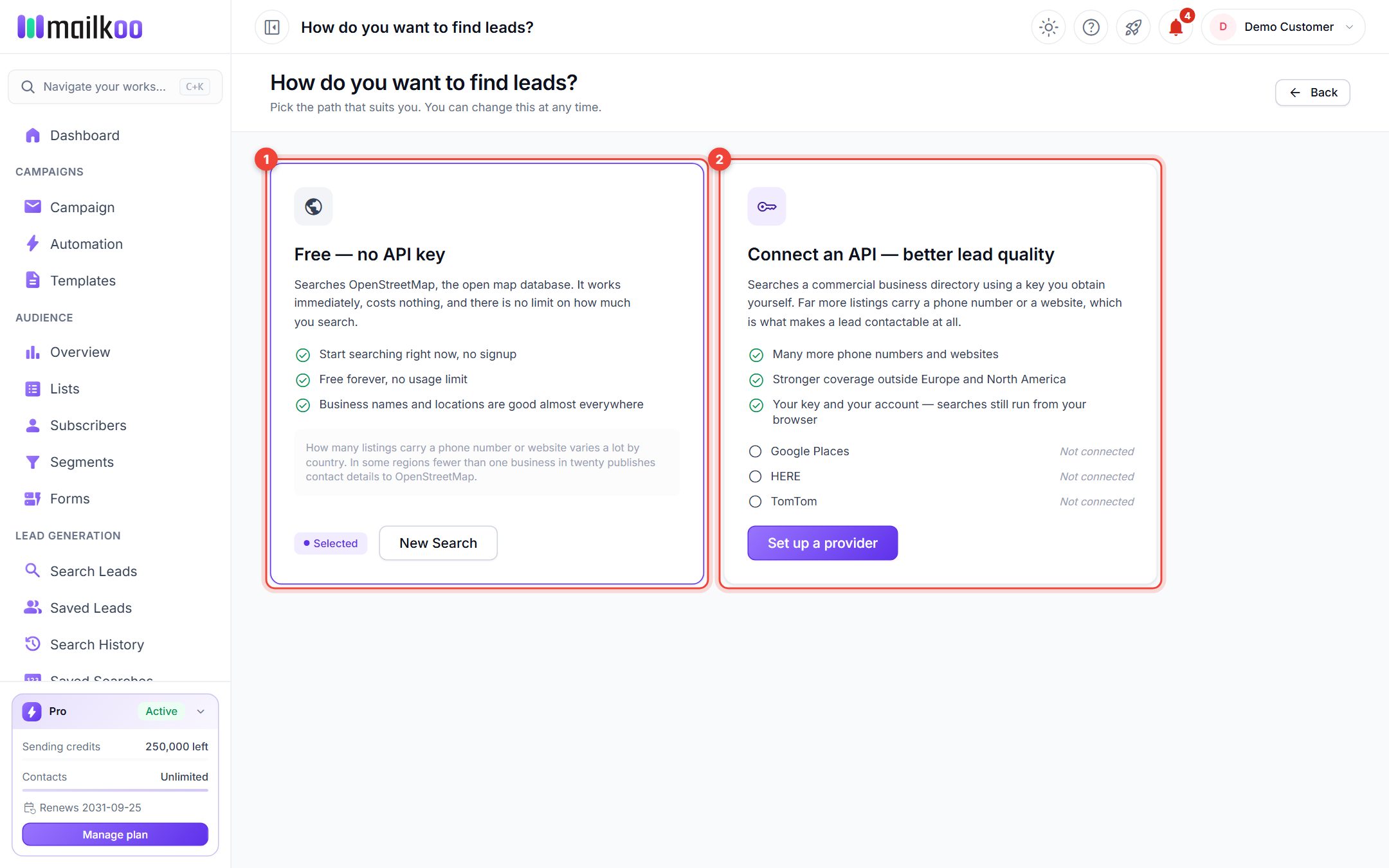 The mode chooser with the Free and Connect an API cards