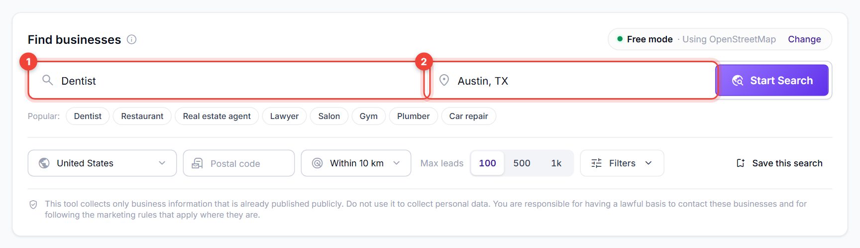 Find businesses form with Dentist as keyword and Austin, TX as location