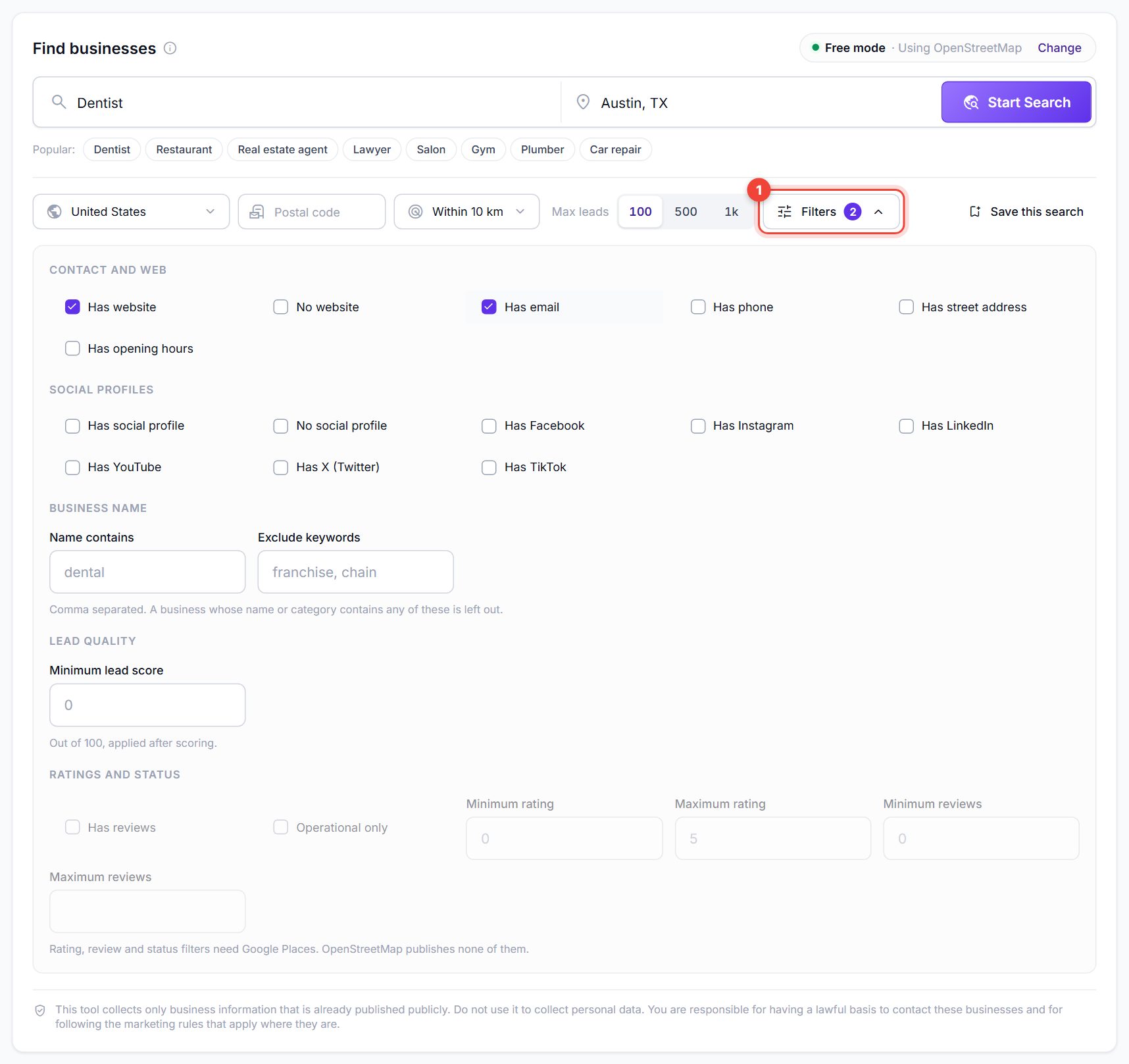 Filters panel open with Has website and Has email ticked