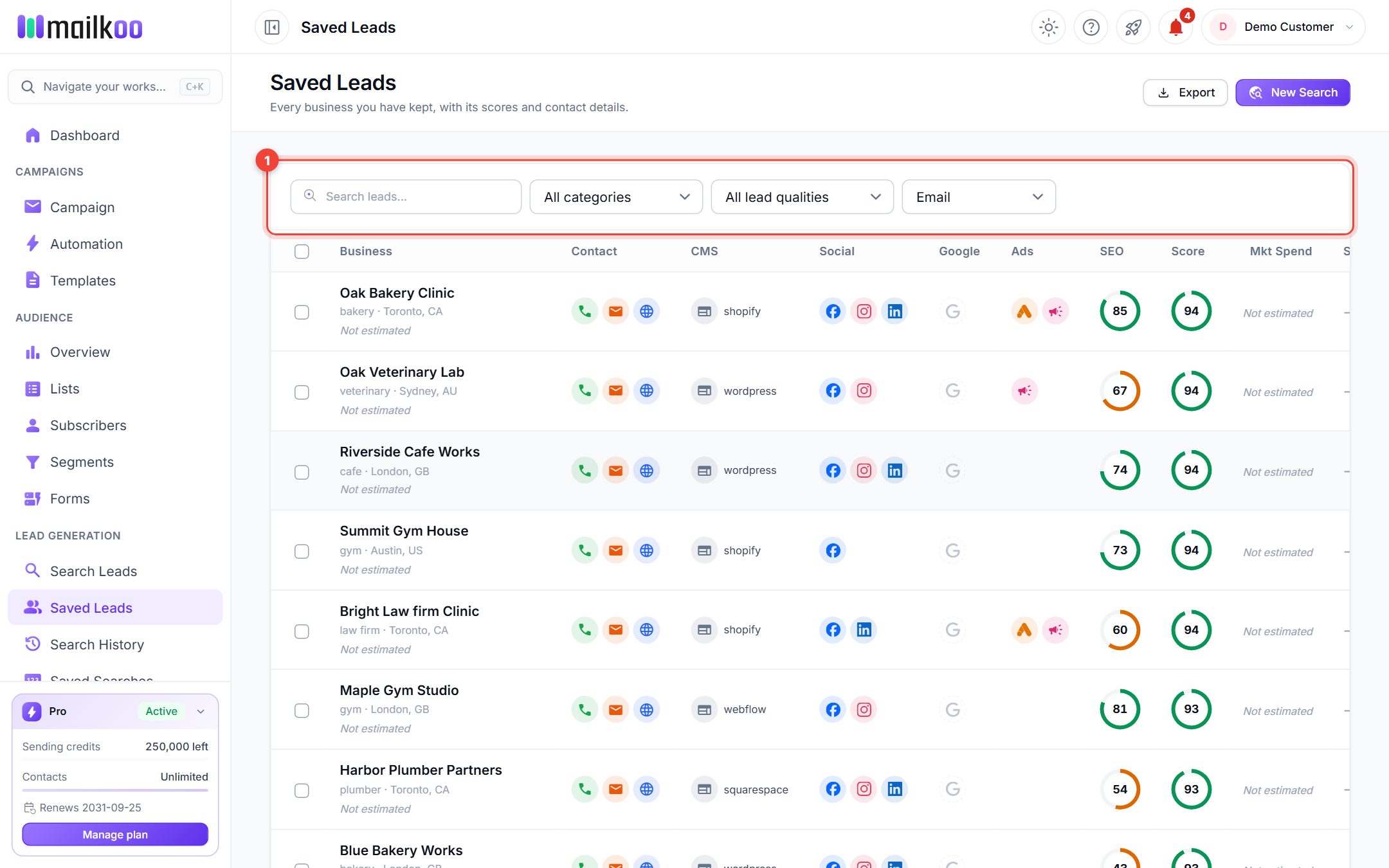 Saved Leads page with the filter bar highlighted